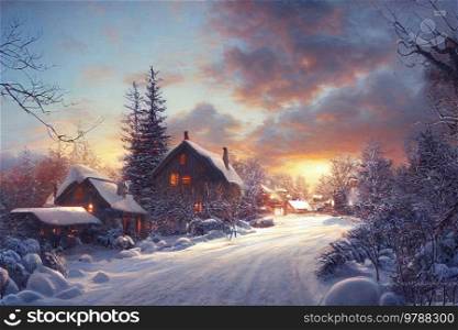 Christmas winter scenery with small village under white snow, magic fary tale illustration. Cottage decorated for Christmas