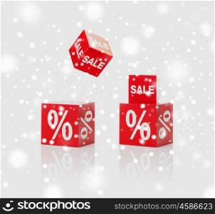 christmas, winter, shopping, advertisement and merchandising concept - set of boxes with sale and percent sign over snow background