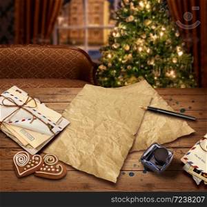Christmas wish present list letter to Santa on christmas tree background. Old plank boardwalk
