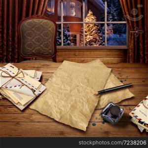 Christmas wish present list letter to Santa on winter strhousebackground. Old plank boardwalk