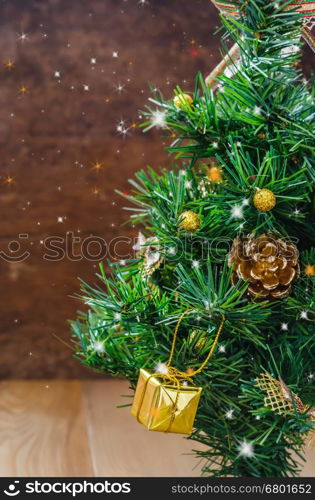 Christmas with decorations . Christmas background with decorations and gift boxes on wooden board