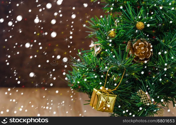 Christmas with decorations . Christmas background with decorations and gift boxes on wooden board