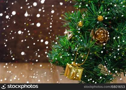 Christmas with decorations . Christmas background with decorations and gift boxes on wooden board