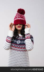 Christmas woman portrait, young beautiful smiling over white background