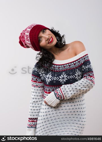 Christmas woman portrait, young beautiful smiling over white background