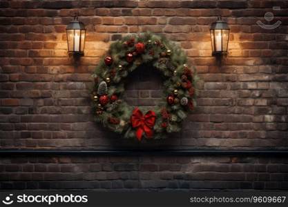 Christmas wreath decoration at brick wall.. Christmas wreath decoration at brick wall
