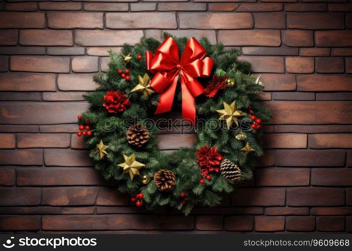 Christmas wreath decoration at brick wall.. Christmas wreath decoration at brick wall