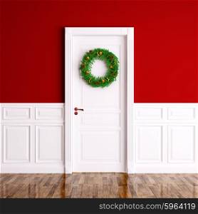Christmas wreath on the white door over red wall interior 3d rendering
