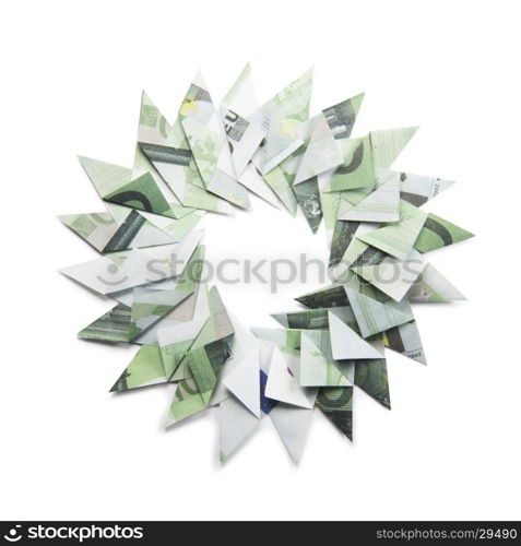 Christmas wreath origami. Christmas wreath origami banknotes on a white background. Handmade