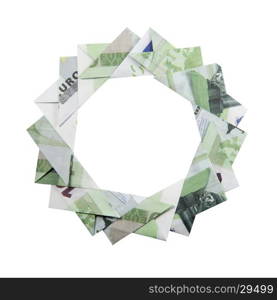 Christmas wreath origami. Christmas wreath origami banknotes on a white background. Handmade