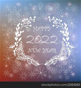 Christmas wreath white lettering Happy New Year, 2022 on blur blue background, typography banner floral cute design element for web