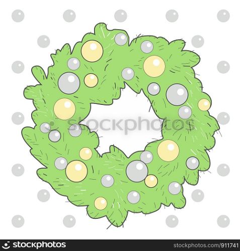 Christmas wreath with Christmas toys, balls, made of fir branches, green, drawing