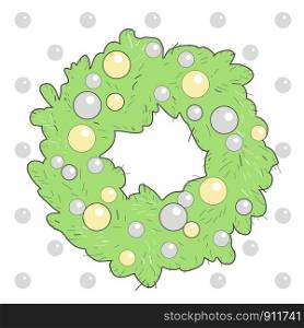Christmas wreath with Christmas toys, balls, made of fir branches, green, drawing