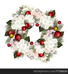 Christmas wreath with flowers and toys. Illustration. Christmas wreath with flowers and toys
