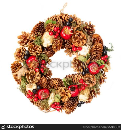 Christmas wreath with natural decorations isolated on white background. Christmas wreath with natural decorations