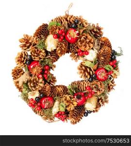 Christmas wreath with natural decorations isolated on white background. Christmas wreath with natural decorations