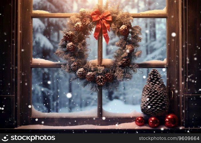 Christmas wreath with pinecones decoration at window for holiday.. Christmas wreath with pinecones decoration at window for holiday