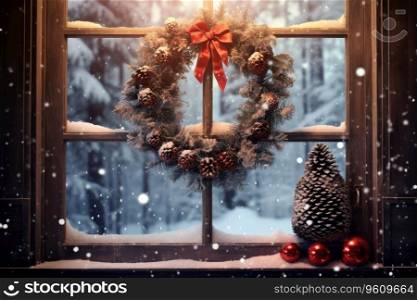 Christmas wreath with pinecones decoration at window for holiday.. Christmas wreath with pinecones decoration at window for holiday