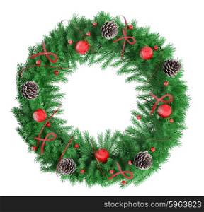 Christmas wreath with red baubles, ribbons and bows fir cones, isolated over white 3d rendering