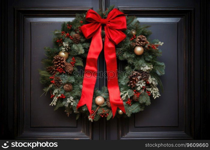 Christmas wreath with red ribbon handing on classic door front.. Christmas wreath with red ribbon handing on classic door front