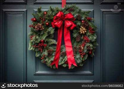 Christmas wreath with red ribbon handing on classic door front.. Christmas wreath with red ribbon handing on classic door front