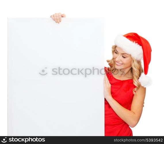 christmas, x-mas, people, advertisement, sale concept - happy woman in santa helper hat with blank white board