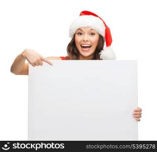 christmas, x-mas, people, advertisement, sale concept - happy woman in santa helper hat with blank white board
