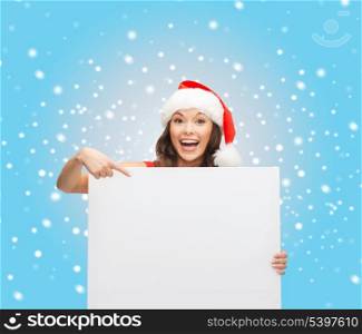 christmas, x-mas, people, advertisement, sale concept - happy woman in santa helper hat with blank white board