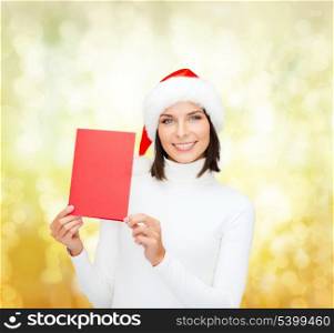 christmas, x-mas, people, advertisement, sale concept - happy woman in santa helper hat with blank red card