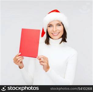 christmas, x-mas, people, advertisement, sale concept - happy woman in santa helper hat with blank red card