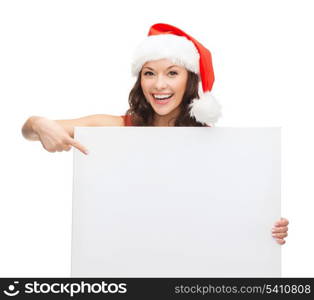 christmas, x-mas, people, advertisement, sale concept - happy woman in santa helper hat with blank white board