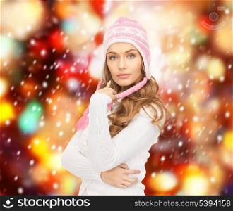 christmas, x-mas, people, happiness concept - beautiful woman in winter hat