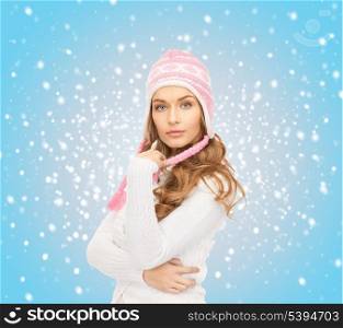 christmas, x-mas, people, happiness concept - beautiful woman in winter hat