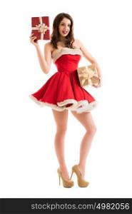 Christmas, x-mas, winter, happiness concept - smiling woman in Santa Claus dress with gift boxes