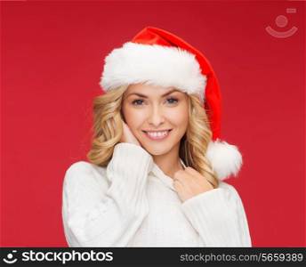 christmas, x-mas, winter, happiness concept - smiling woman in santa helper hat