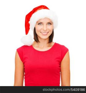 christmas, x-mas, winter, happiness concept - smiling woman in santa helper hat and red shirt