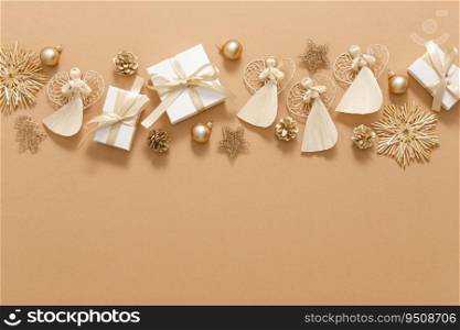 Christmas, Xmas, Noel or New Year background with winter festive Christmas holiday decoration, Christmas gift boxes and copy space for a text of greeting card