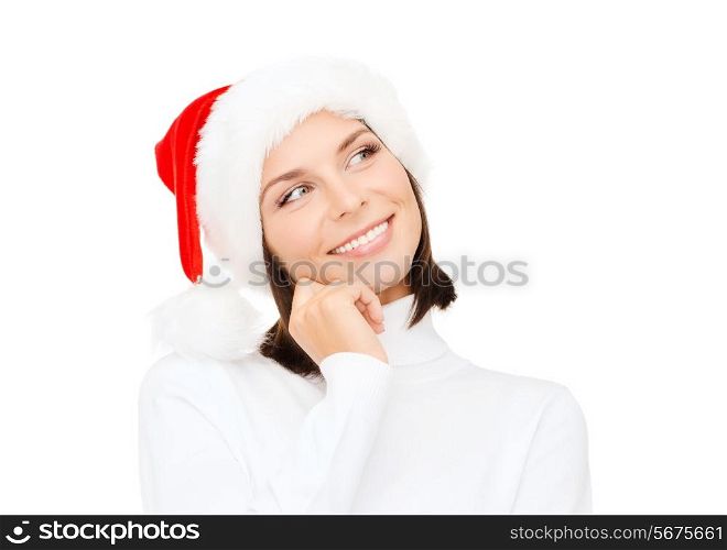 christmas, xmas, winter, happiness concept - thinking and smiling woman in santa helper hat