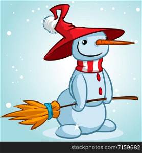 Christmass snowman with hat and striped scarf holding broomstick isolated on snowy background. Vector illustration