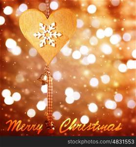 Christmastime greeting card, best wishes with love on winter holidays, stylish wooden heart shape toy with snowflake ornament on blurry glitter background
