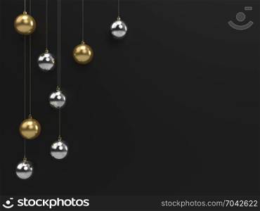 Chrome and Gold Christmas Decoration Balls Hanging against Black Wall Holiday Background. 3D illustration. Blank Christmas Business Card.. Chrome and Gold Christmas Decoration Balls