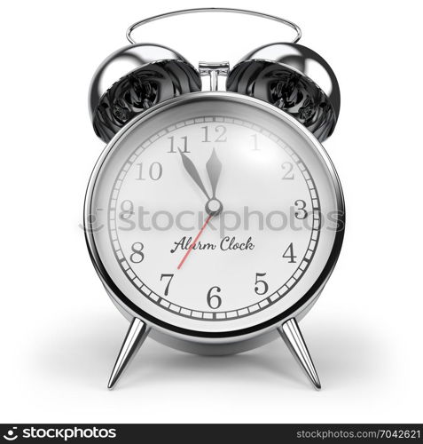 Chrome Retro Alarm Table Clock Isolated on White Background. 3D Illustration. Classic Alarm-Clock front view. . Chrome Retro Alarm Table Clock