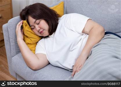 Chubby Asian Woman Sleep on the Couch