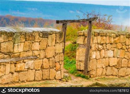 Chufut-Kale, cave city in the Crimea - view of a stone wall