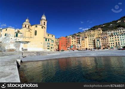 church and seaside in Camogli, famous small town in Liguria, Italy