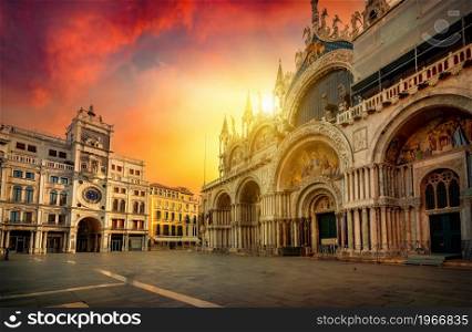 Church and Zodiac clock on San Marco square in Venice