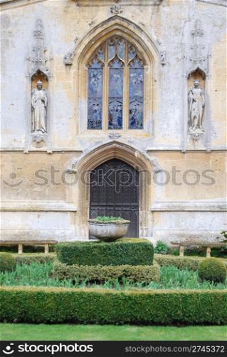 church detail and ornamental garden at Sudeley Castle in Winchcombe, Gloucestershire (United Kingdom)