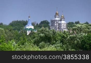 Church domes in forest.
