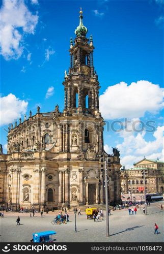 Church Frauenkirche area in Dresden Germany on a sunny day with blue. Church Frauenkirche area