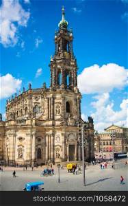 Church Frauenkirche area in Dresden Germany on a sunny day with blue. Church Frauenkirche area